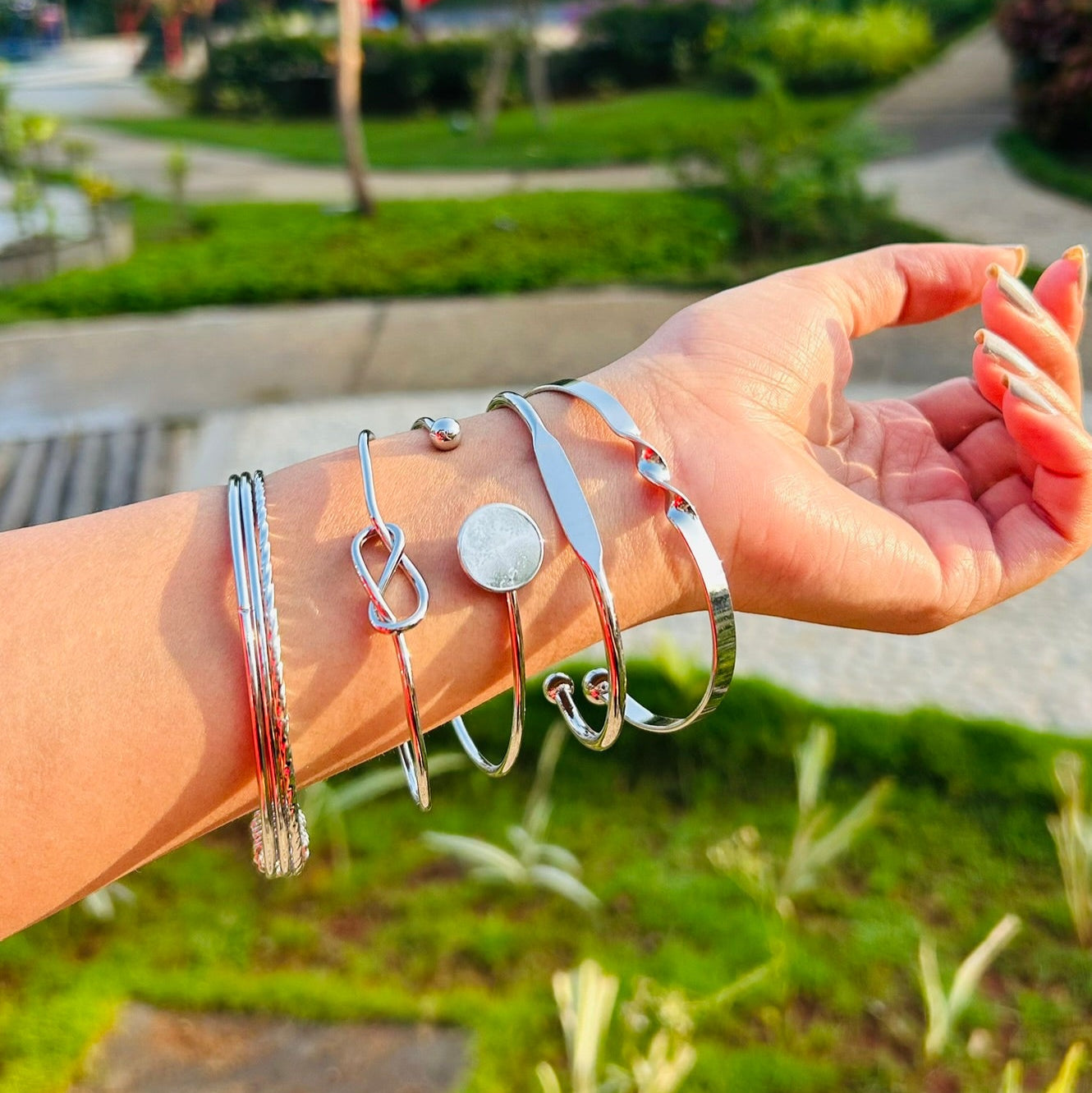 GleamStack Silver-Tone Bracelet Set – Stylish Combo of 5 Adjustable Bangles for Women