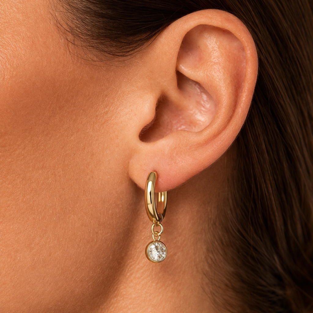 Gold Diamond Drop Hoop Earrings
