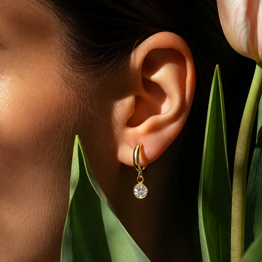 Gold Diamond Drop Hoop Earrings
