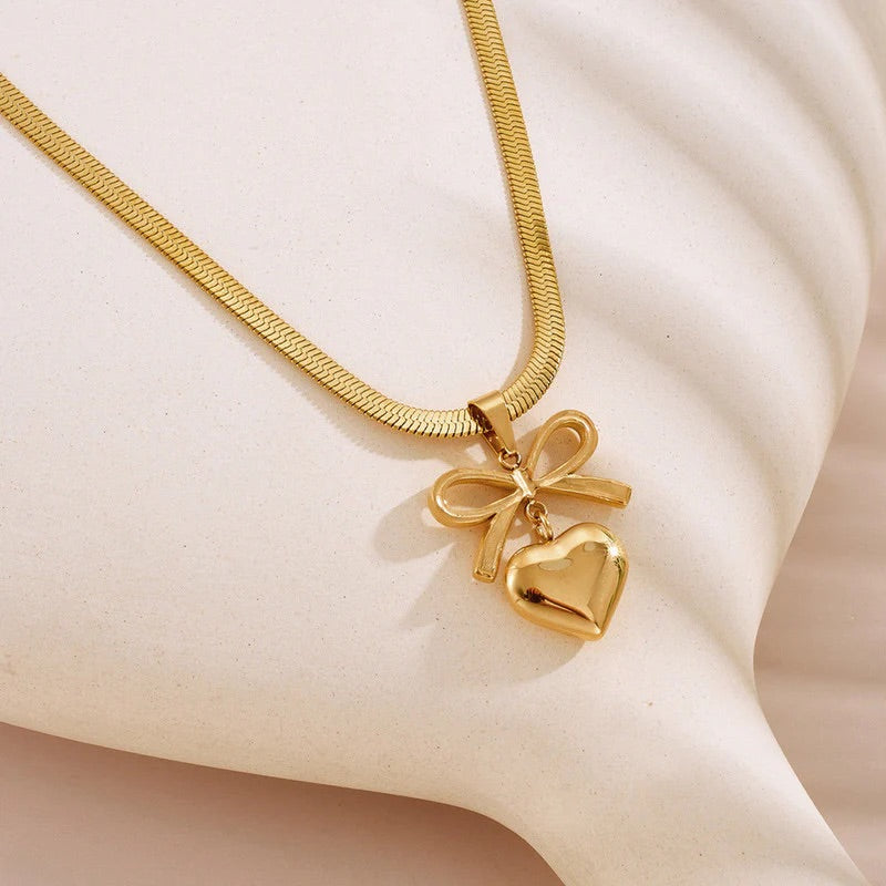 Golden Bow Heart Pendant Necklace