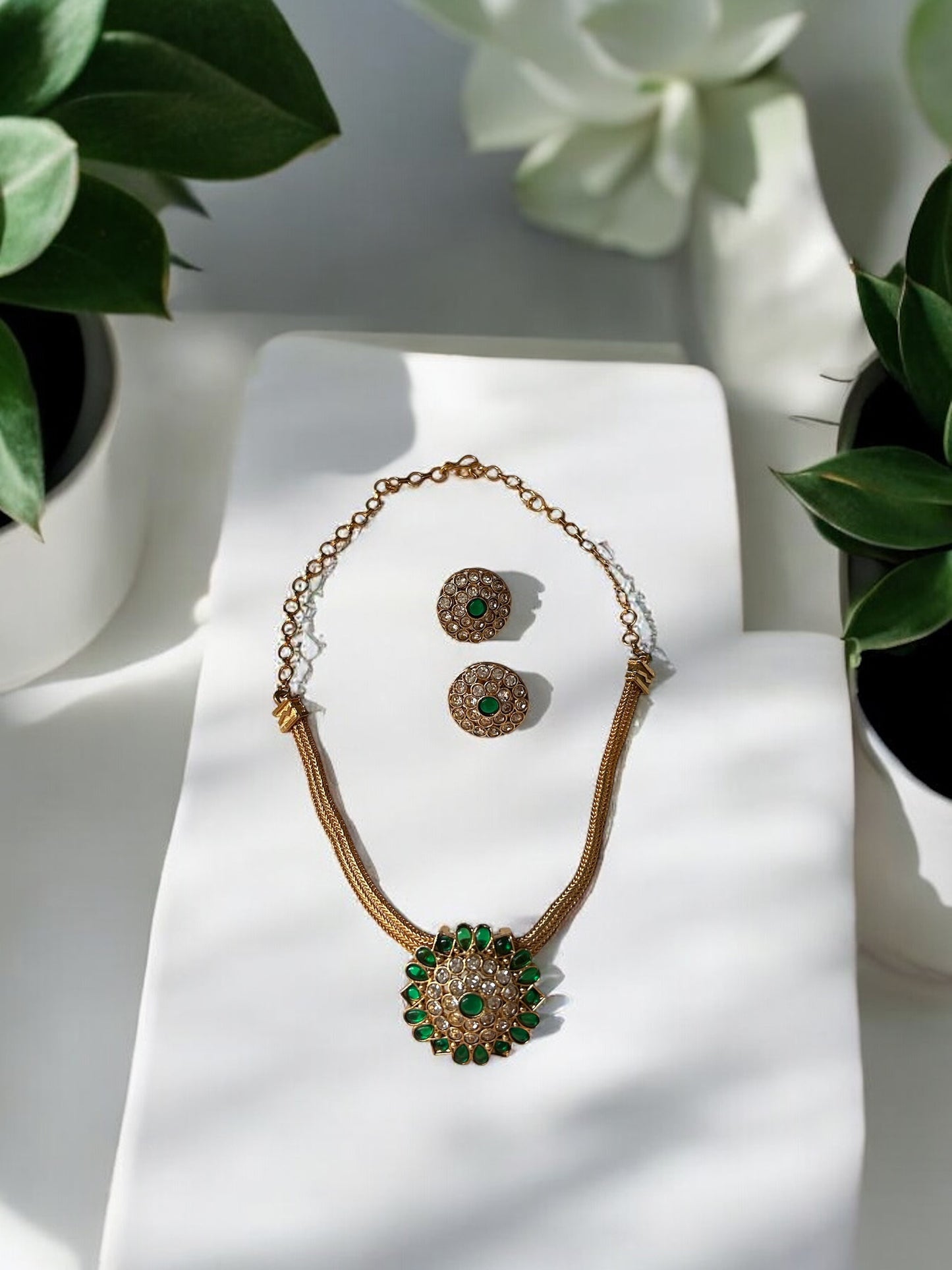 Stunning Green and White Stone Necklace and Earring Set