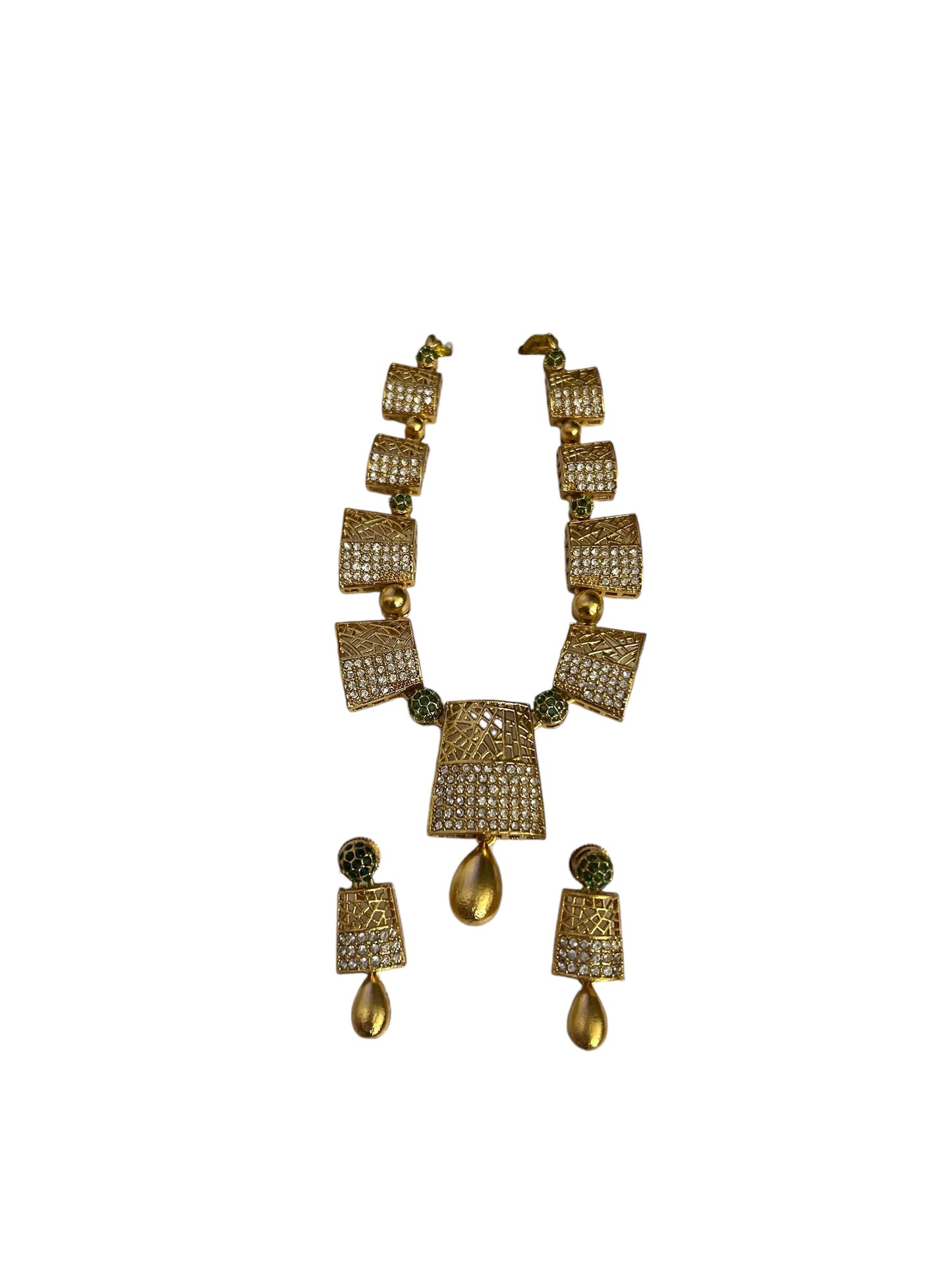 Gold-Toned Antique Necklace Set with Green and White Stones