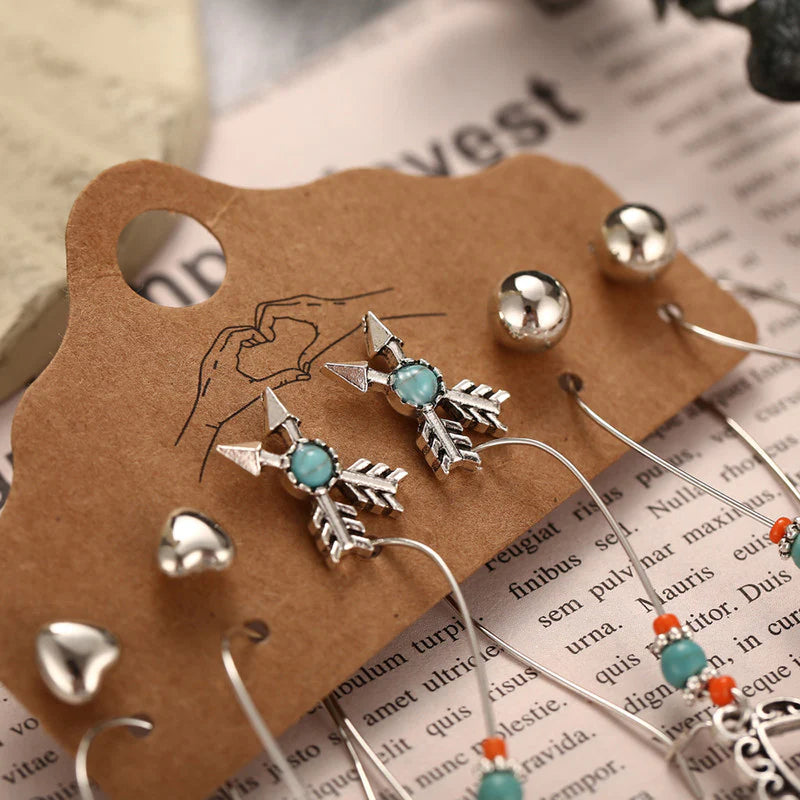 Boho Chic Oxidized Silver Dreamcatcher & Arrow Earrings Set – 6 Pairs