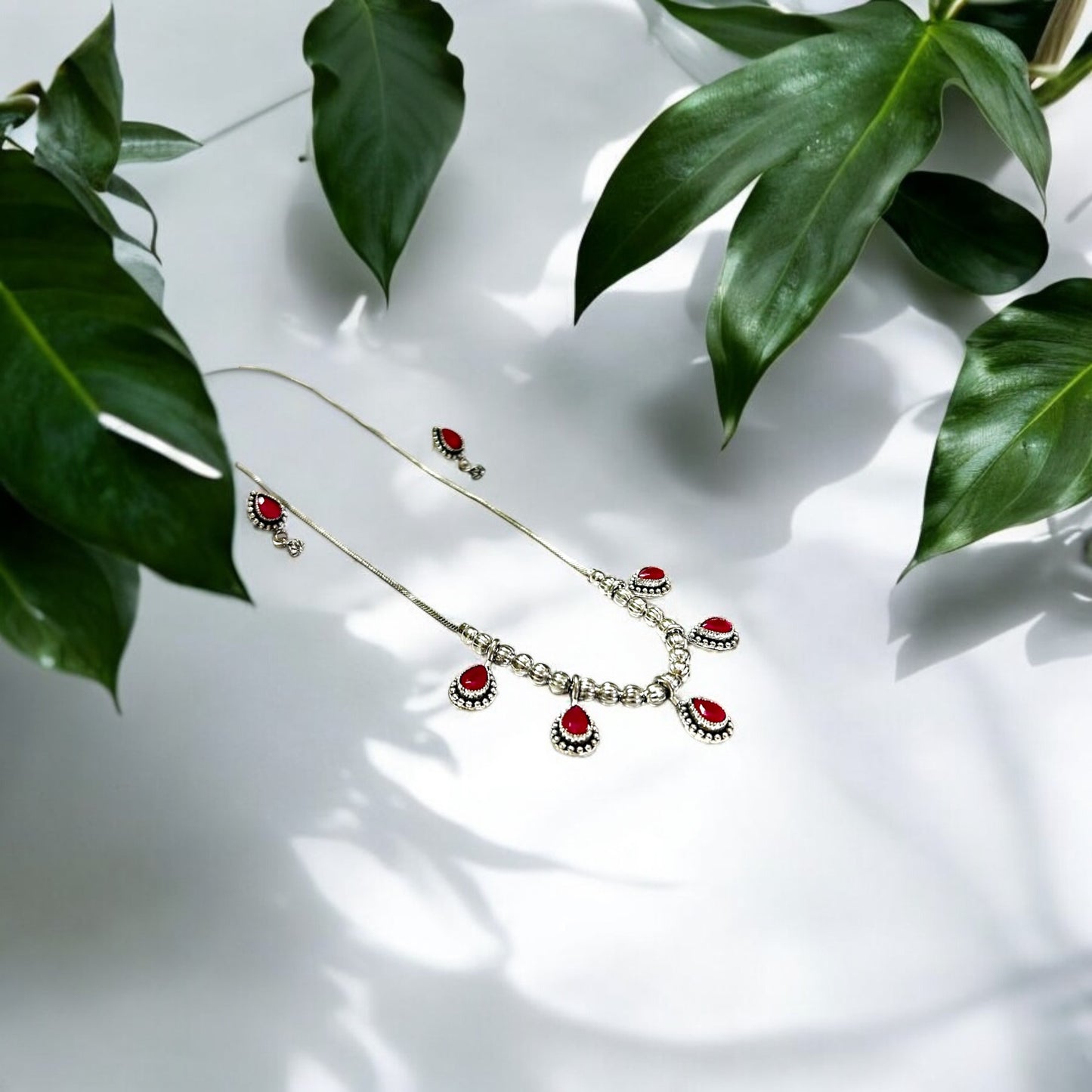 OxidiZed Silver Necklace with Pink Stone Drops