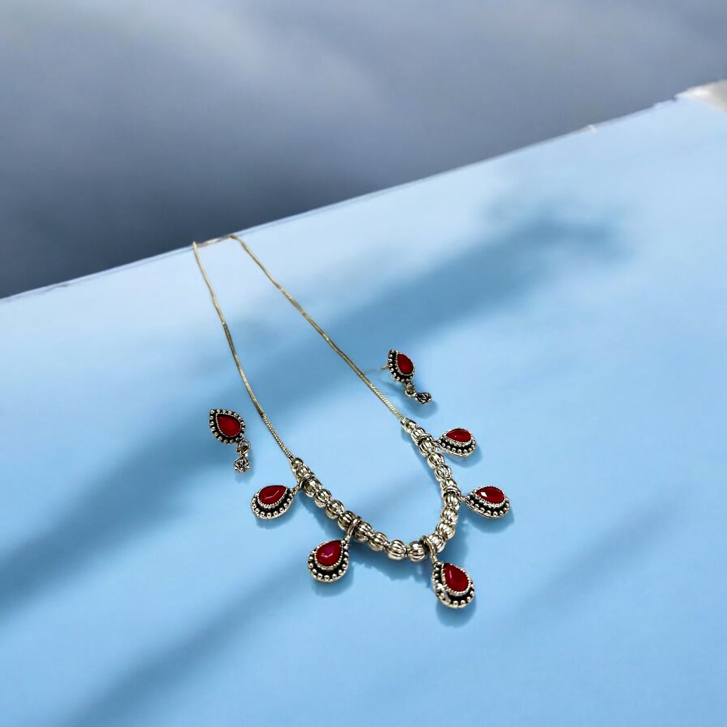 OxidiZed Silver Necklace with Pink Stone Drops