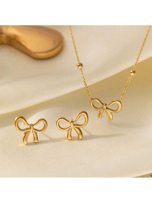 Golden Bow Elegance: Anti-Tarnish Necklace & Earrings Set - Perfect Gift for Women