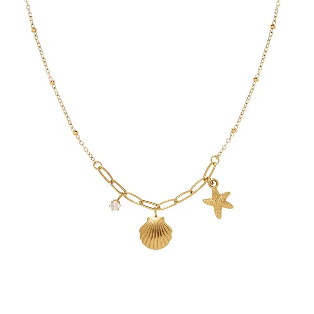 Sunbeam Shores: Anti-Tarnish Stainless Steel Seashell &amp; Starfish Necklace - Summer Glam
