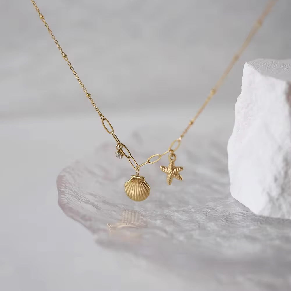 Sunbeam Shores: Anti-Tarnish Stainless Steel Seashell &amp; Starfish Necklace - Summer Glam