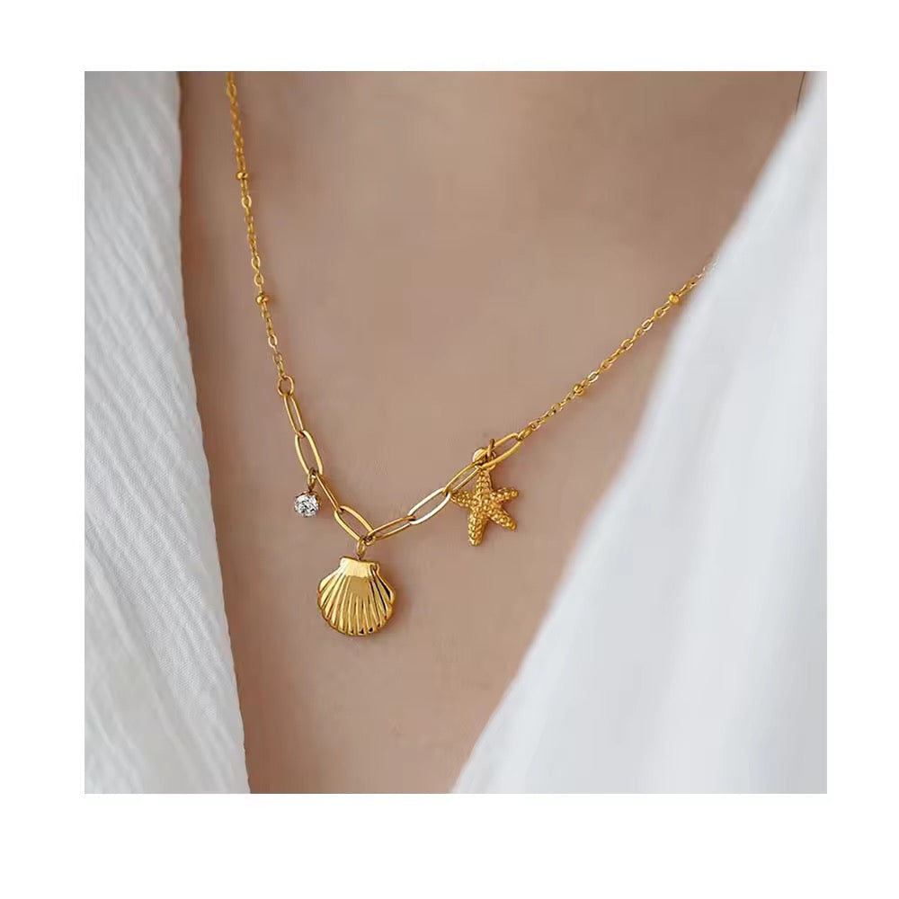 Sunbeam Shores: Anti-Tarnish Stainless Steel Seashell &amp; Starfish Necklace - Summer Glam