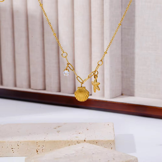 Sunbeam Shores: Anti-Tarnish Stainless Steel Seashell &amp; Starfish Necklace - Summer Glam