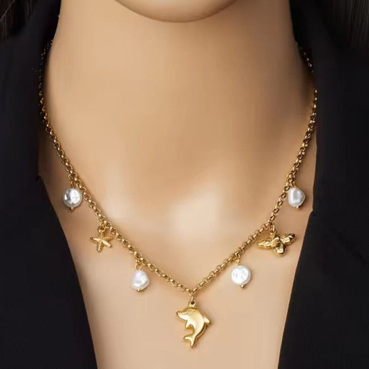 Oceanic Bloom: Anti-Tarnish Stainless Steel Dolphin, Starfish &amp; Pearl Necklace - Summer Charm