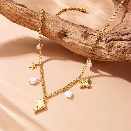 Oceanic Bloom: Anti-Tarnish Stainless Steel Dolphin, Starfish &amp; Pearl Necklace - Summer Charm