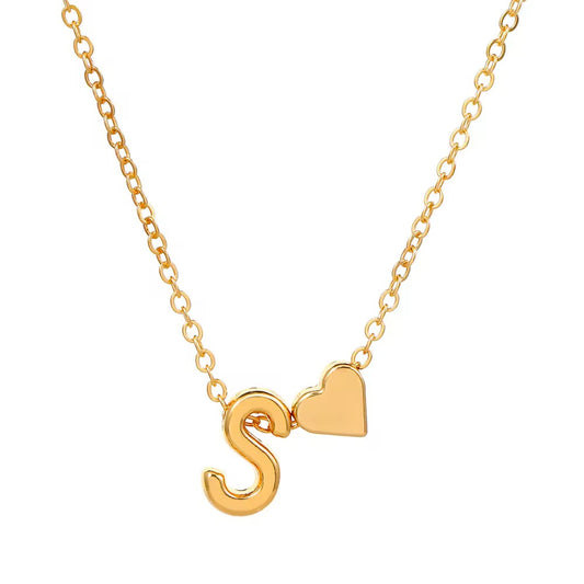 Golden Initial Love: Anti-Tarnish Stainless Steel Letter & Heart Necklace - Personalized Charm