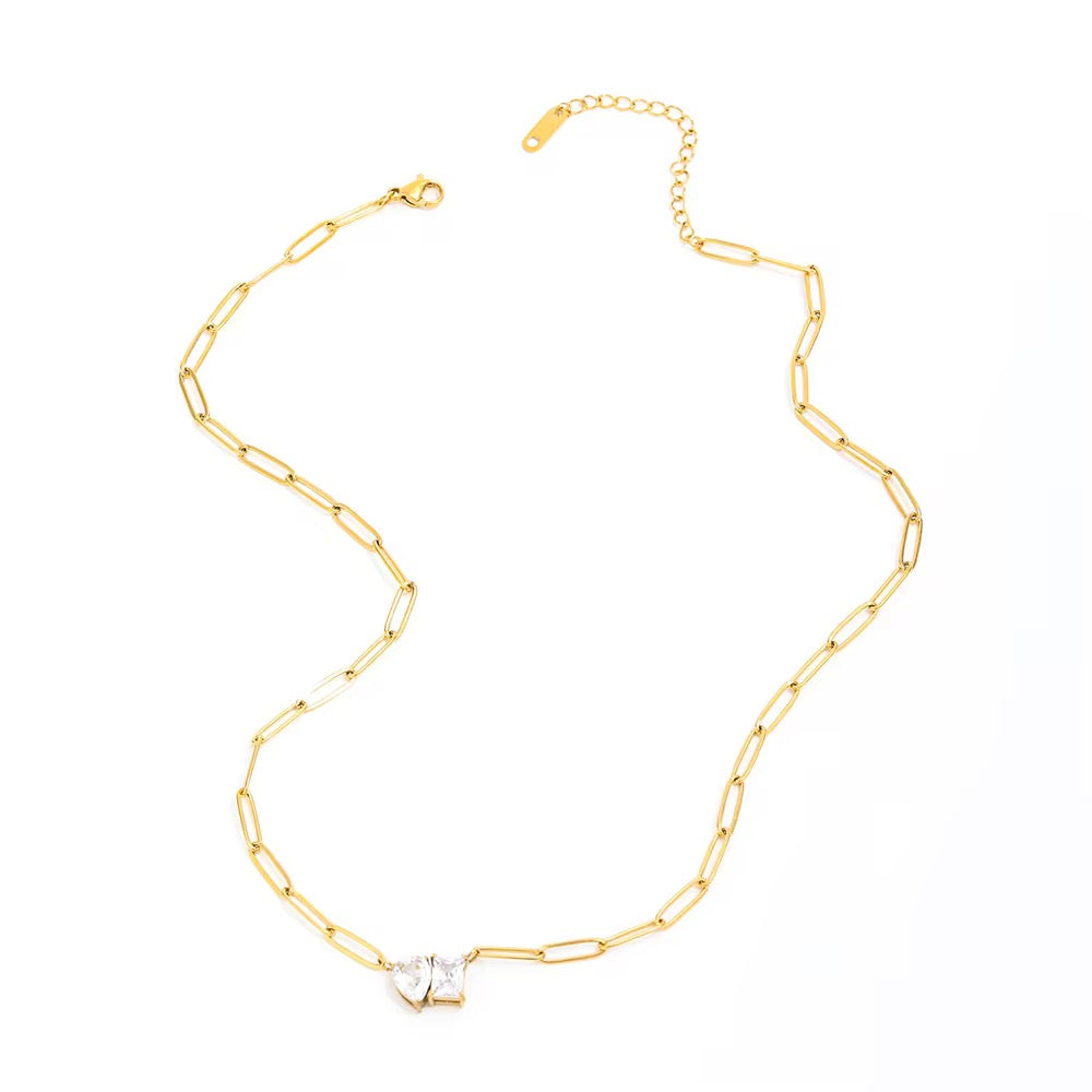 Luxe Link: Anti-Tarnish Stainless Steel Paperclip Necklace - Dual Gem Glam