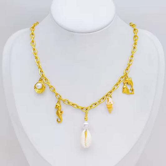 OceanMuse Gold-Tone Charm Necklace – Anti-Tarnish Stainless Steel Sea-Inspired Jewellery for Women