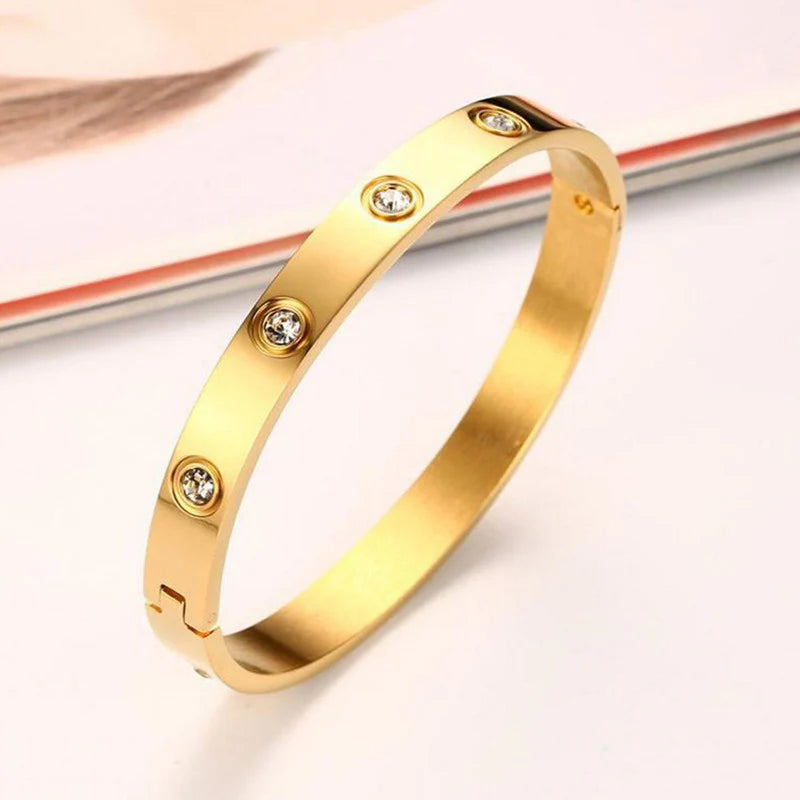 LuxeLock Gold-Tone Cuff Bracelet – Anti-Tarnish Stainless Steel Bangle with Crystals for Women