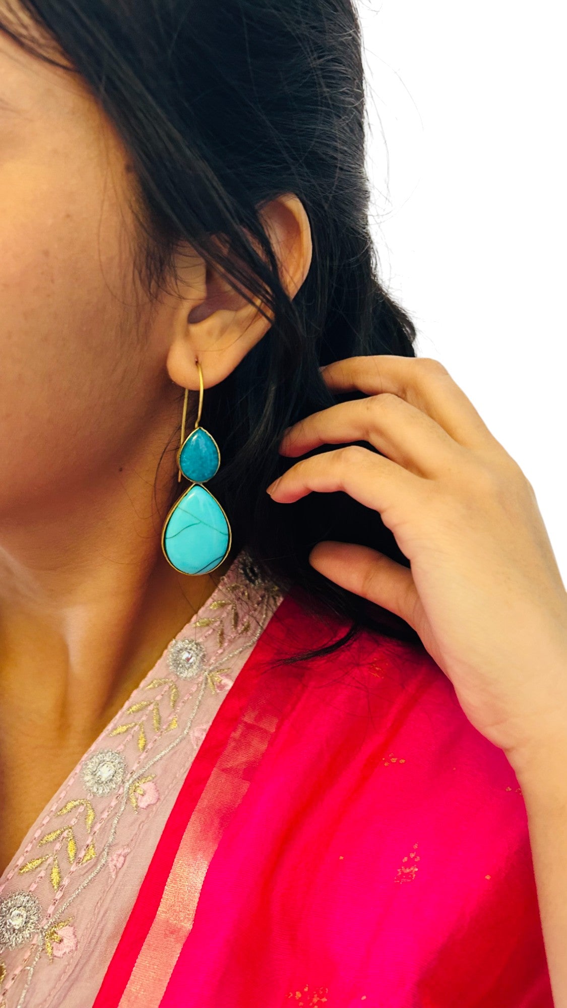 Double Dreams: Pastel Blue Natural Stone Drop Brass Earrings