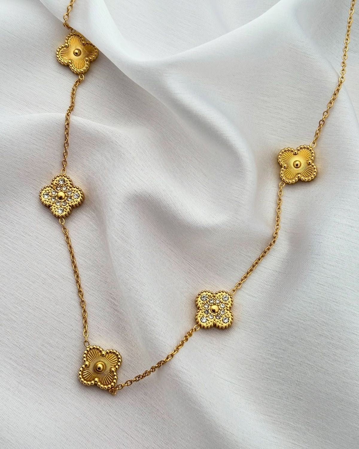 Golden Clover Luxe Necklace with AD Stone Studs – Anti-Tarnish & Waterproof