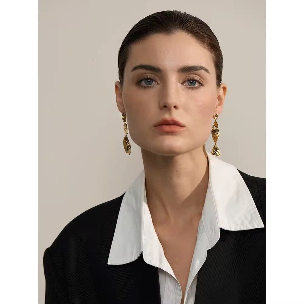 High-Fashion Textured Golden Flow Twist Statement Earrings