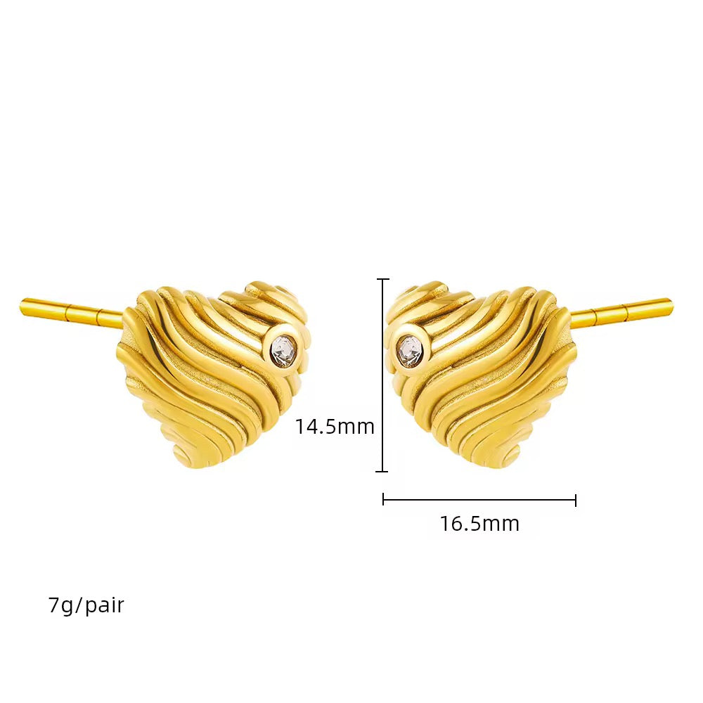 18 KT Gold Plated Textured Heart Studs with Crystal Accent