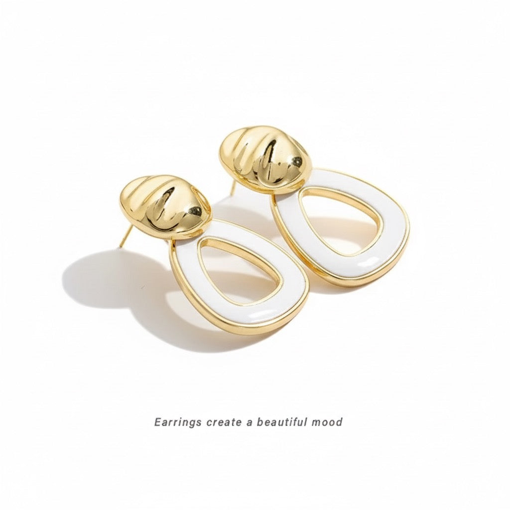 Gold White Enamel Statement Earrings