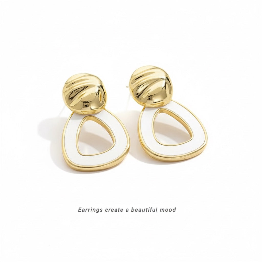 Gold White Enamel Statement Earrings