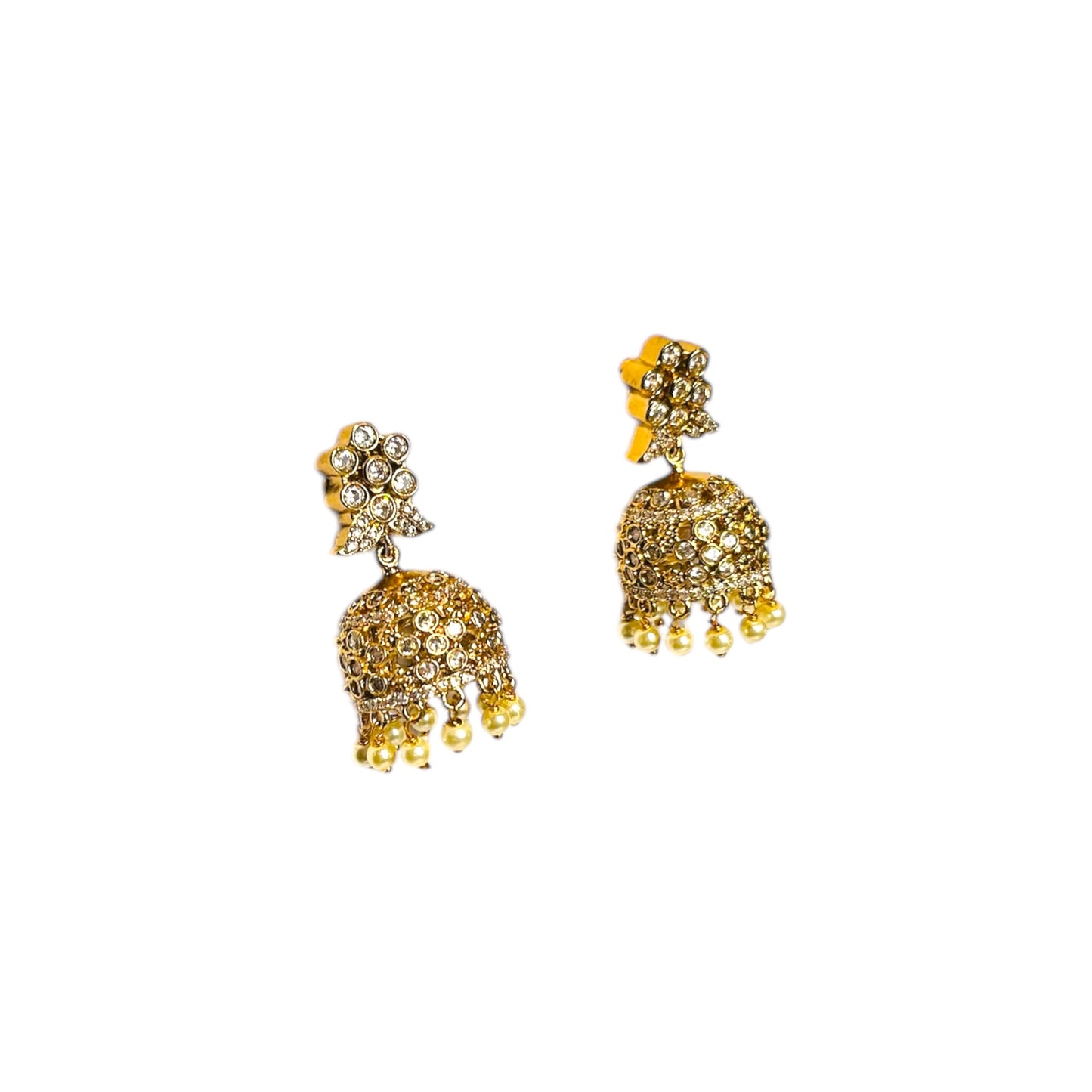 Vintage Elegance: Antique Gold Jhumka with Sparkling Stones and Pearls