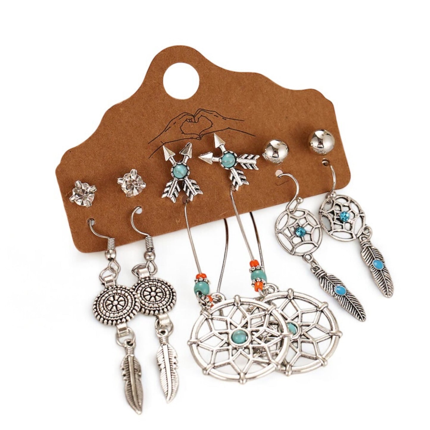 Boho Chic Oxidized Silver Dreamcatcher & Arrow Earrings Set – 6 Pairs