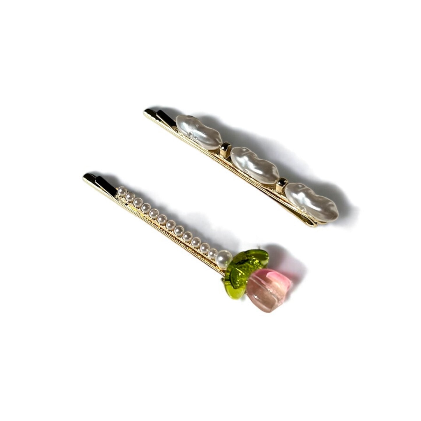 Elegant Pearl & Rose Hair Clip Set (Gold)