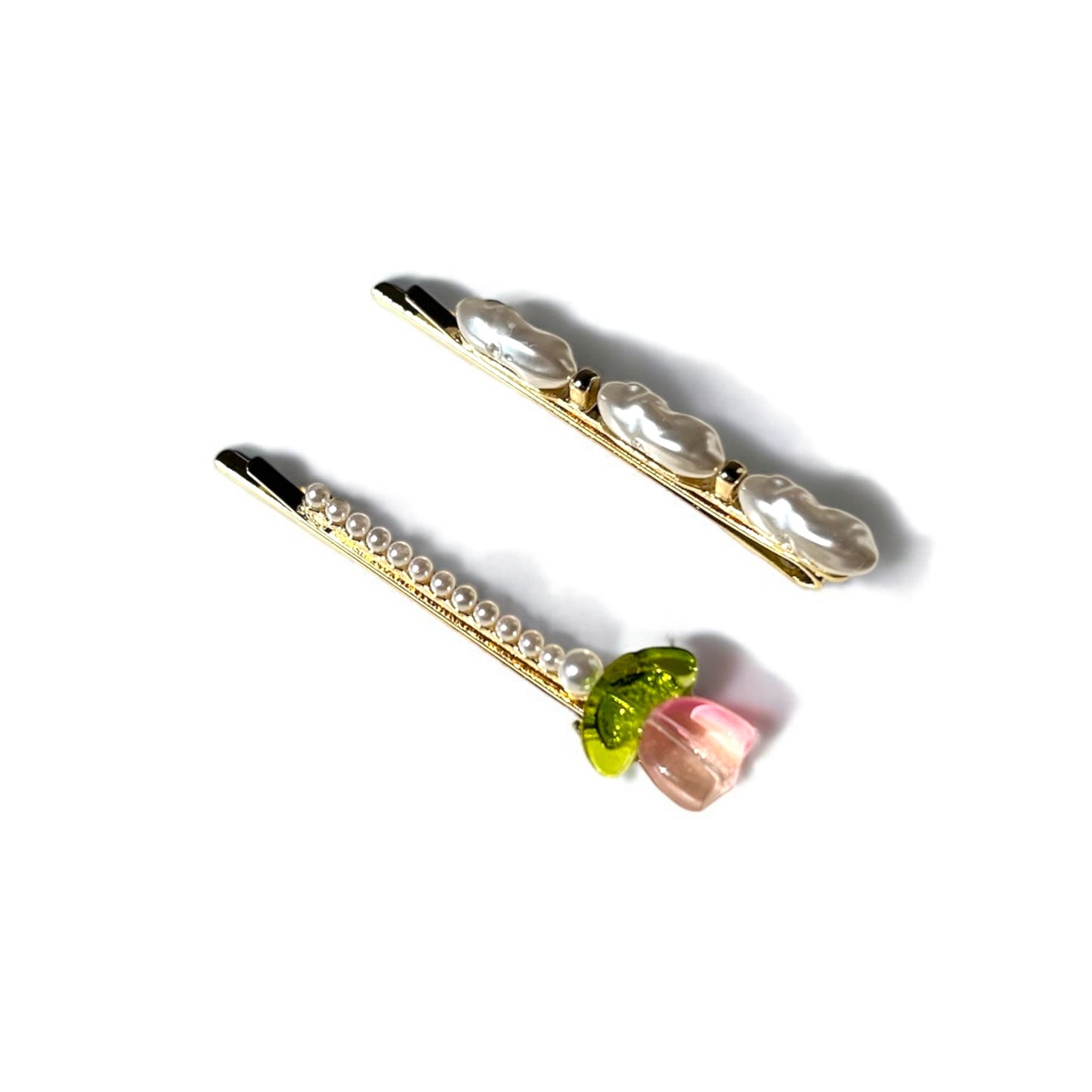 Elegant Pearl & Rose Hair Clip Set (Gold)