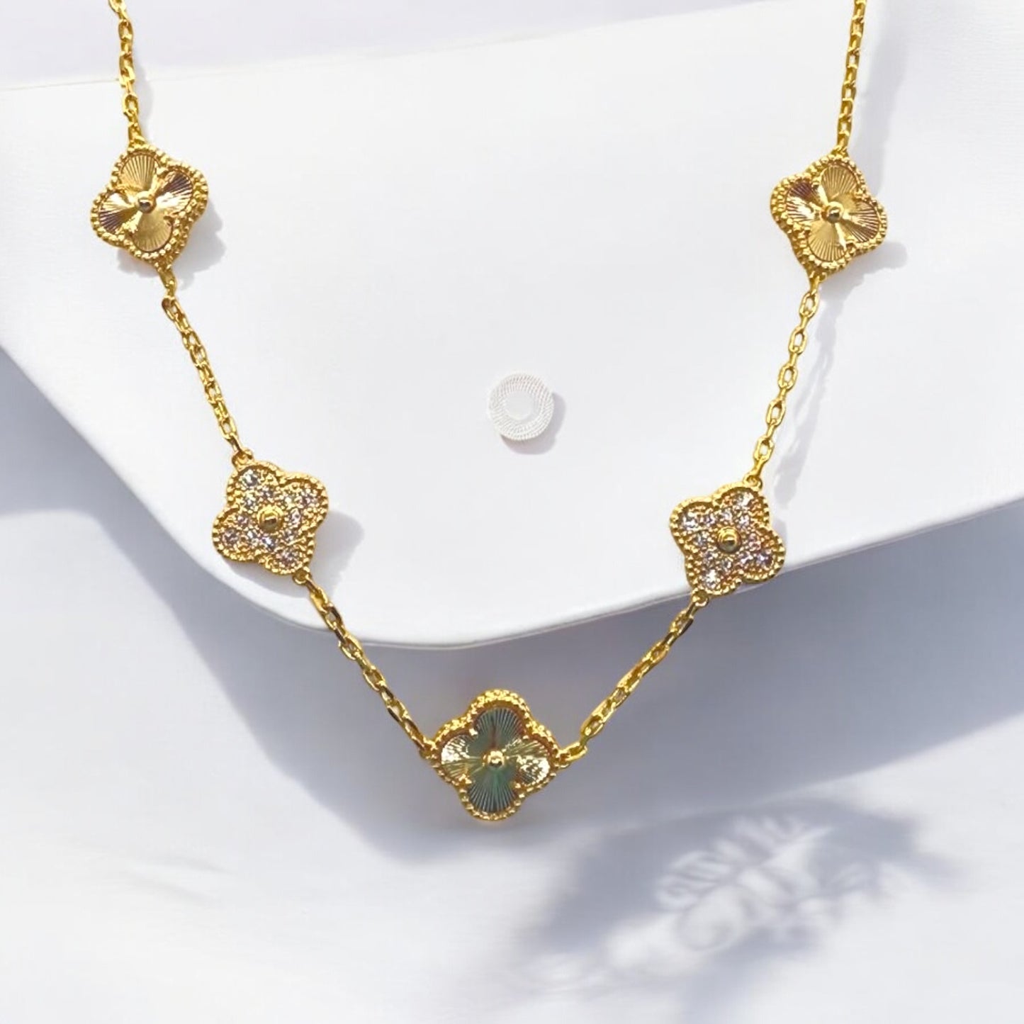 Golden Clover Luxe Necklace with AD Stone Studs – Anti-Tarnish & Waterproof