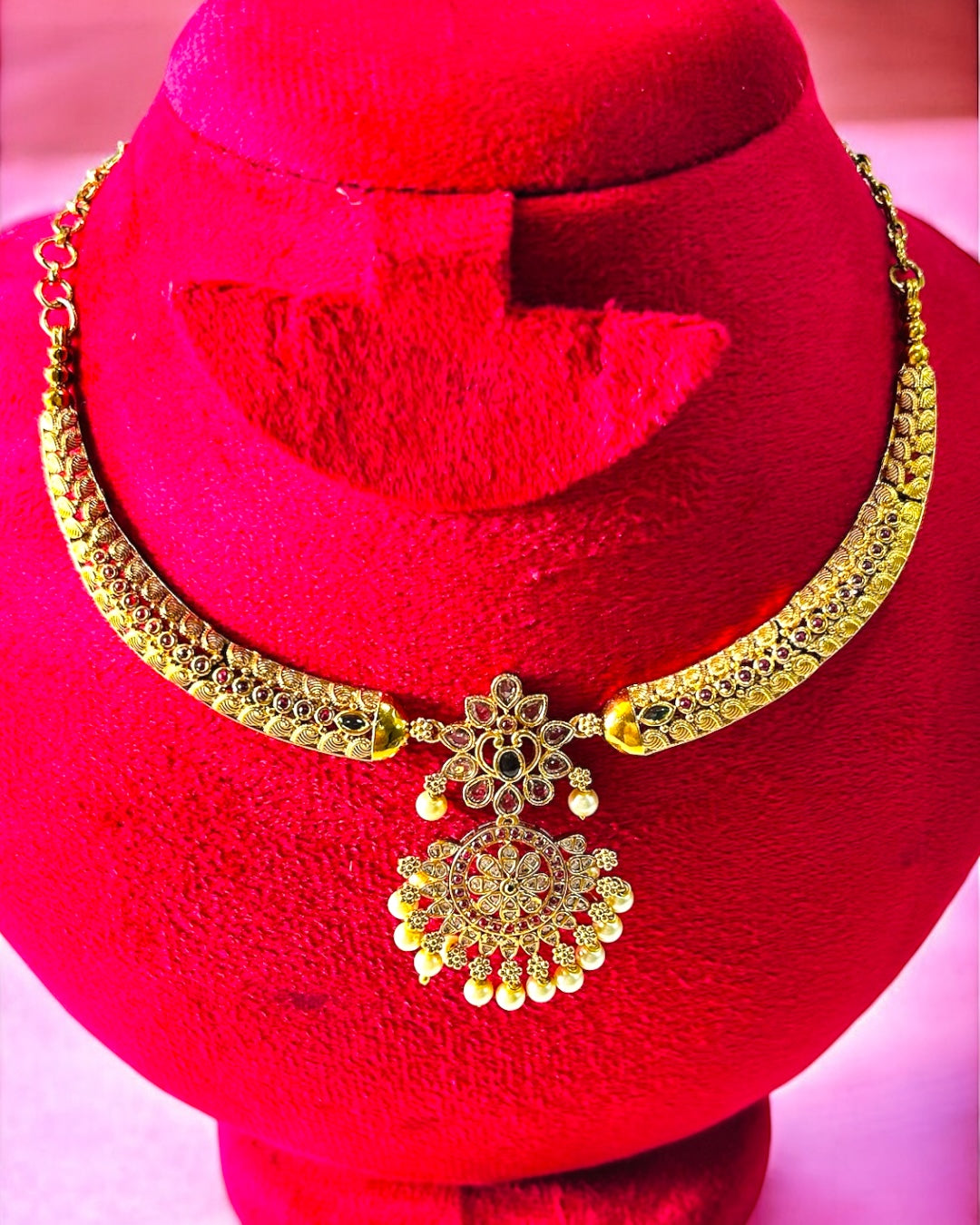 Flower Motif Antique Necklace with Jhumkas - Gold Plated