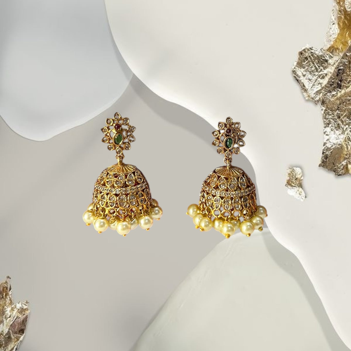 Flower Motif Antique Necklace with Jhumkas - Gold Plated